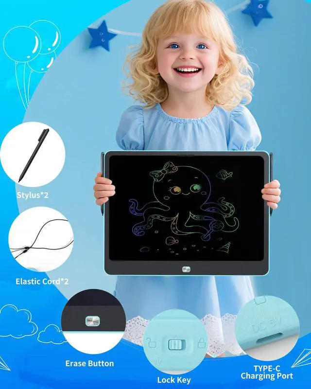 Alt view image 5 of 7 - Rechargeable LCD Writing Tablet for Kids, 16 Inch Colorful Drawing Tablet, Educational Toddler Drawing Pad, Reusable Learning Toys for Kids (Ages 3-8), Ideal Gift for Christmas Birthday (Blue)