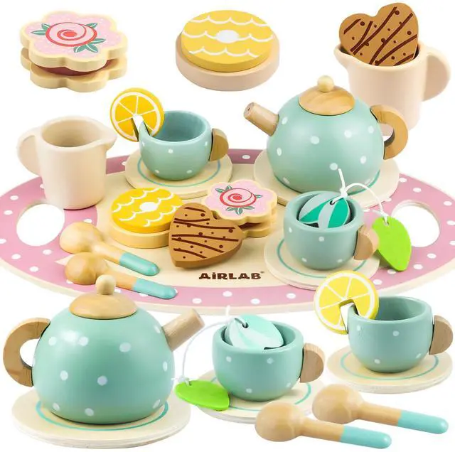 Main image of Wooden Tea Set for Little Girls Play Food Pretend Play Kitchen Accessories for 3 4 5 Years Old Girls and Boys Toddler Princess Tea Time Party Food Toys