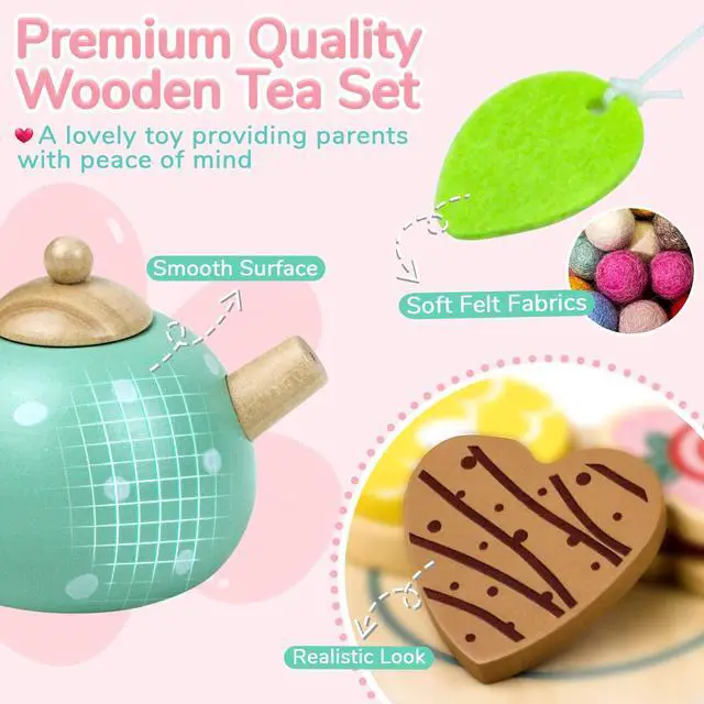 Alt view image 3 of 7 - Wooden Tea Set for Little Girls Play Food Pretend Play Kitchen Accessories for 3 4 5 Years Old Girls and Boys Toddler Princess Tea Time Party Food Toys