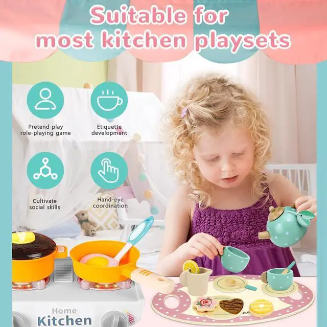 Alt view image 4 of 7 - Wooden Tea Set for Little Girls Play Food Pretend Play Kitchen Accessories for 3 4 5 Years Old Girls and Boys Toddler Princess Tea Time Party Food Toys