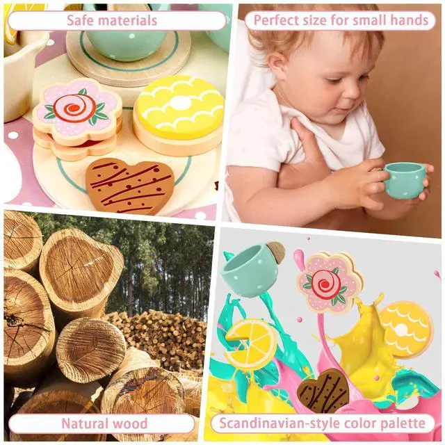 Alt view image 6 of 7 - Wooden Tea Set for Little Girls Play Food Pretend Play Kitchen Accessories for 3 4 5 Years Old Girls and Boys Toddler Princess Tea Time Party Food Toys