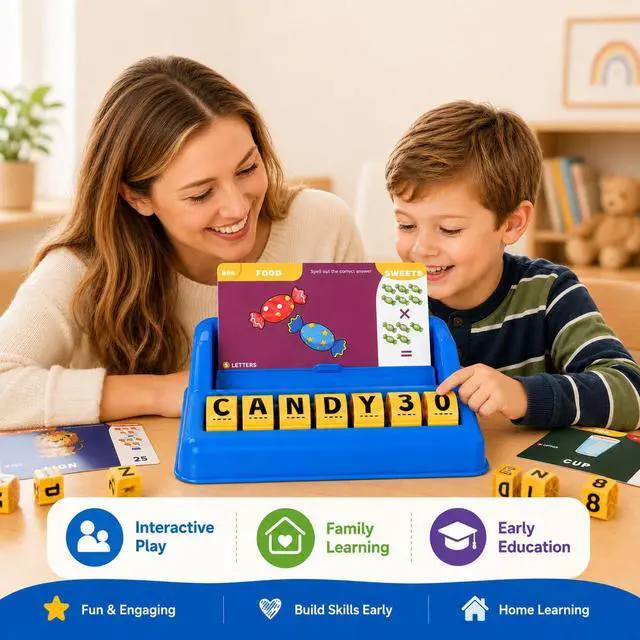 Alt view image 7 of 7 - Educational Spelling Toys for Kids,Matching Letter Game for Kids Ages 3-8, Montessori Game with Rotating Letter Wheels and Flash Cards, Preschool Birthday Gift for Boys Girls (50% Bigger)