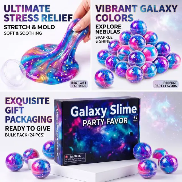 Alt view image 3 of 7 - 24 Pack Galaxy Slime Ball, Slime Party Favors, Stretchy and Non-Sticky - Toys for Girls and Boys - Party Favors for Kids Goodie Bag Stuffers, Birthday, Stress Relief Toy, Classroom Reward