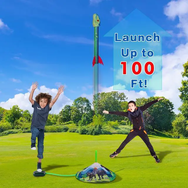 Alt view image 4 of 7 - Dinosaur Toy Rocket Launcher for Kids - Launch Up to 100 Ft, 4 Rockets, Outdoor Outside Toys for Kids, Dinosaur Toys, Birthday Gifts for 3 4 5 6 7 8-12 Year Old Boys Girls