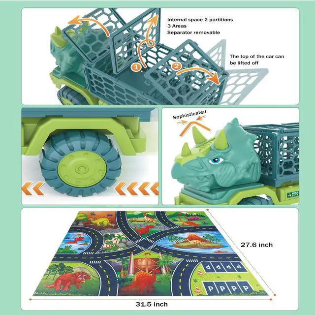 Alt view image 3 of 6 - Dinosaur Truck Toys for Kids 3-5, Triceratops Car Toy with 15 Dino Figures,Large Activity Play Mat, Dinosaur Eggs, Dinosaur Play Set for Boys and Girls,Christmas Xmax,Stocking Stuffers