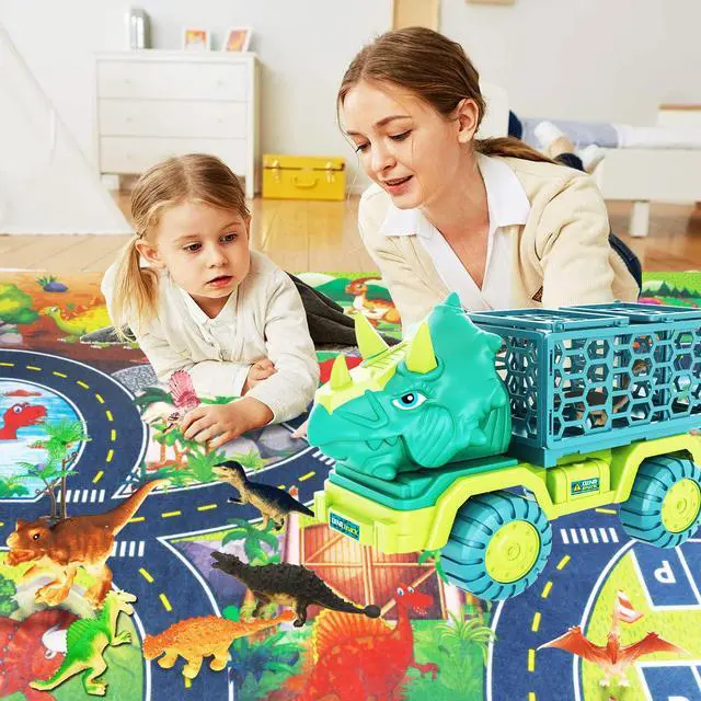 Alt view image 2 of 6 - Dinosaur Truck Toys for Kids 3-5, Triceratops Car Toy with 15 Dino Figures,Large Activity Play Mat, Dinosaur Eggs, Dinosaur Play Set for Boys and Girls,Christmas Xmax,Stocking Stuffers