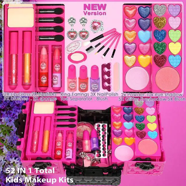 Alt view image 2 of 7 - Kids Makeup Kit for Girl - 52 PCS Safe and Washable Makeup for Kids, Real Girls Makeup Kit, Toddler Makeup Kit with Cosmetic Case, Girls Toys Age 4-12, Princess Toys Birthday Gifts for Girls
