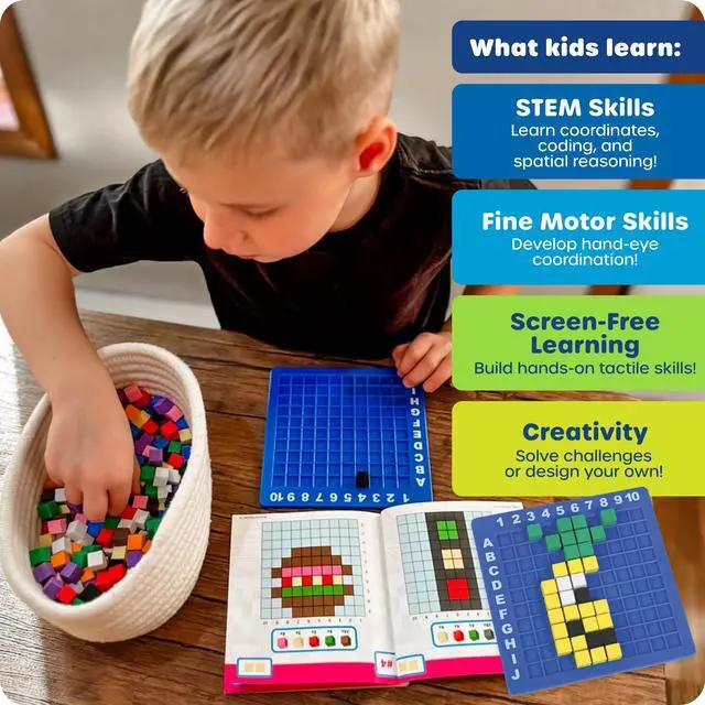 Alt view image 3 of 7 - STEM Explorers Pixel Art Challenge - Science Kits & STEM Activities for Kids, Pattern Blocks, Fine Motor Skills, Math Manipulatives, Sorting and Counting, Gifts for Boys and Girls