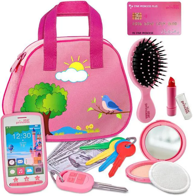 Main image of Toddler Play Purse for Kids with Accessories, Toys for Girls with Pretend Makeup, Keys, Smartphone, Dress Up Toy Purse for Toddlers and Kids - Birthday Gift for Little Toddler Girls Ages 3 4 5 6, Pink