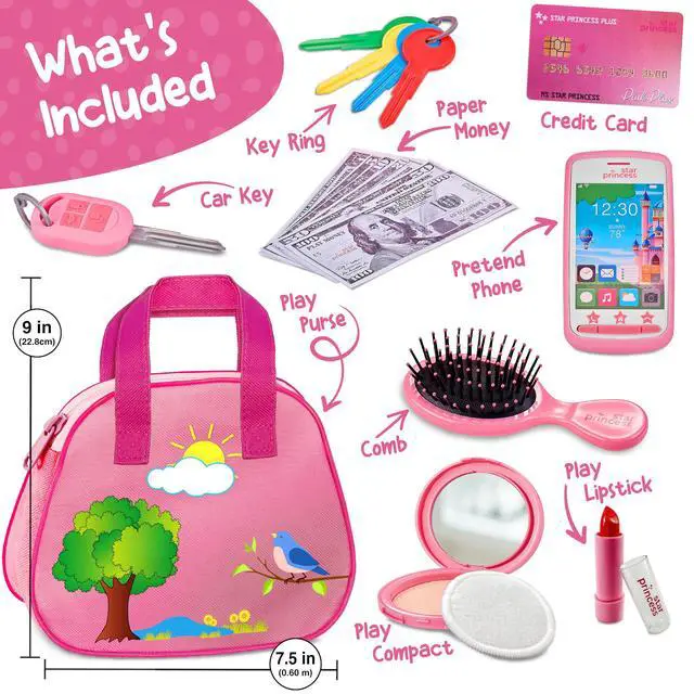 Alt view image 2 of 7 - Toddler Play Purse for Kids with Accessories, Toys for Girls with Pretend Makeup, Keys, Smartphone, Dress Up Toy Purse for Toddlers and Kids - Birthday Gift for Little Toddler Girls Ages 3 4 5 6, Pink