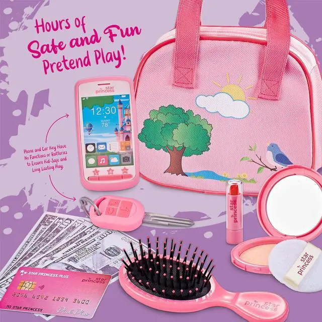 Alt view image 6 of 7 - Toddler Play Purse for Kids with Accessories, Toys for Girls with Pretend Makeup, Keys, Smartphone, Dress Up Toy Purse for Toddlers and Kids - Birthday Gift for Little Toddler Girls Ages 3 4 5 6, Pink