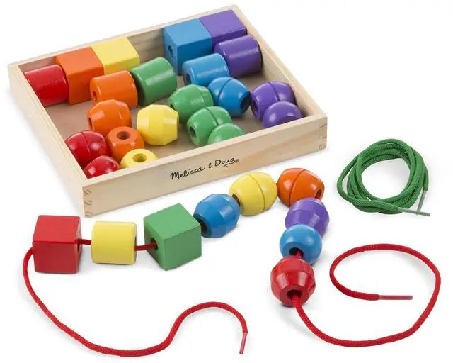 Main image of Primary Lacing Beads - Educational Toy with 30 Wooden Beads and 2 Laces for Toddlers, Fine Motor Skills Lacing Toys for Toddlers and Kids Ages 3+