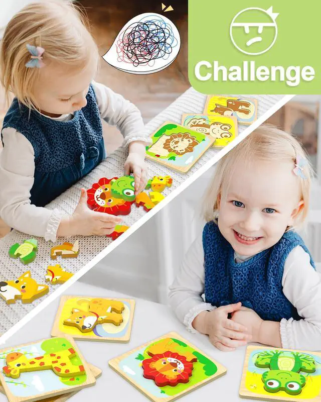 Alt view image 2 of 6 - Wooden Toddler Puzzles, 6pcs Animal Montessori Toys for 1-3 Year Old Boys & Girls, Learning Educational Preschool Toys, Great Gifts for 1 2 3 Year Olds
