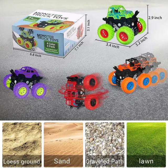 Alt view image 7 of 7 - Monster Truck Toys - Friction Powered Toy Cars Push and Go Trucks Toy for Toddlers Kids Age 2-4 3-5 4-7 Best Christmas Birthday Party Children's Day Gift for Boys Girls 2 3 4 5 6 7 Year Old 4-Pack
