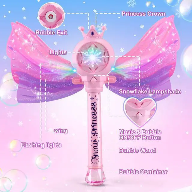 Alt view image 6 of 7 - Bubble Wands for Kids Girls - LED Light & Music Bubble Machine: 3 AA Batteries & 2 Bubble Solutions, Outdoor Party Birthday Toys for Toddlers, Gift for 3 4 5 6 7 8 Year Old Girls
