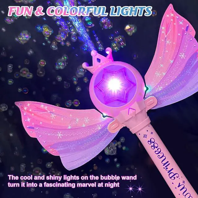 Alt view image 3 of 7 - Bubble Wands for Kids Girls - LED Light & Music Bubble Machine: 3 AA Batteries & 2 Bubble Solutions, Outdoor Party Birthday Toys for Toddlers, Gift for 3 4 5 6 7 8 Year Old Girls