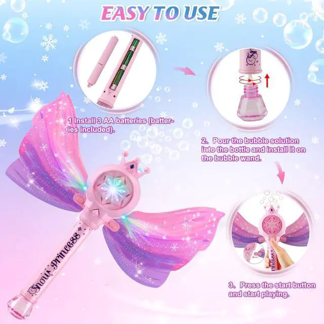 Alt view image 5 of 7 - Bubble Wands for Kids Girls - LED Light & Music Bubble Machine: 3 AA Batteries & 2 Bubble Solutions, Outdoor Party Birthday Toys for Toddlers, Gift for 3 4 5 6 7 8 Year Old Girls