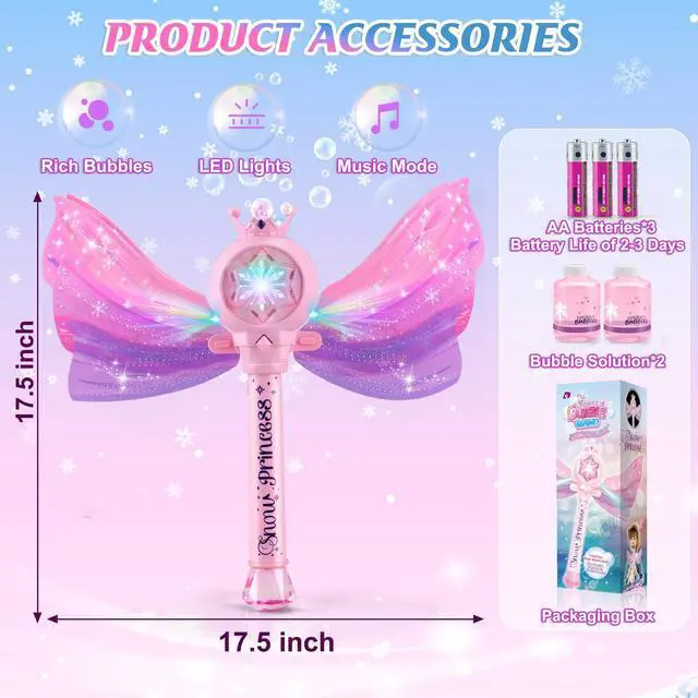Alt view image 7 of 7 - Bubble Wands for Kids Girls - LED Light & Music Bubble Machine: 3 AA Batteries & 2 Bubble Solutions, Outdoor Party Birthday Toys for Toddlers, Gift for 3 4 5 6 7 8 Year Old Girls
