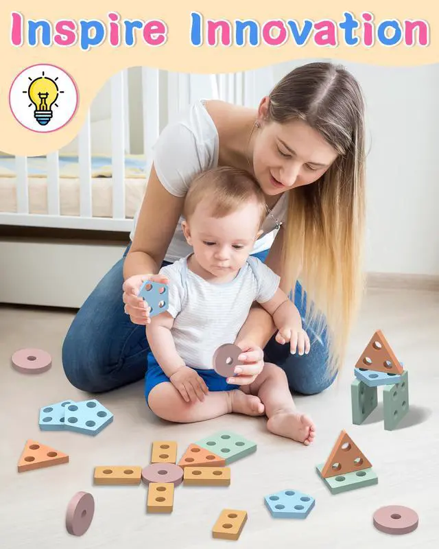 Alt view image 3 of 6 - Montessori Toys for 1 2 Year Old Girl and Boy Birthday Gifts, Shape Sorter Wooden Toys for Toddlers Age 1-3 2-4, Learning Educational Sensory Stacking Toy Toddler Puzzles