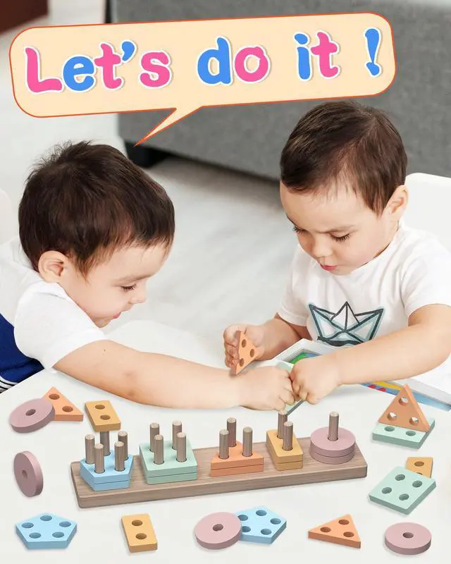 Alt view image 2 of 6 - Montessori Toys for 1 2 Year Old Girl and Boy Birthday Gifts, Shape Sorter Wooden Toys for Toddlers Age 1-3 2-4, Learning Educational Sensory Stacking Toy Toddler Puzzles