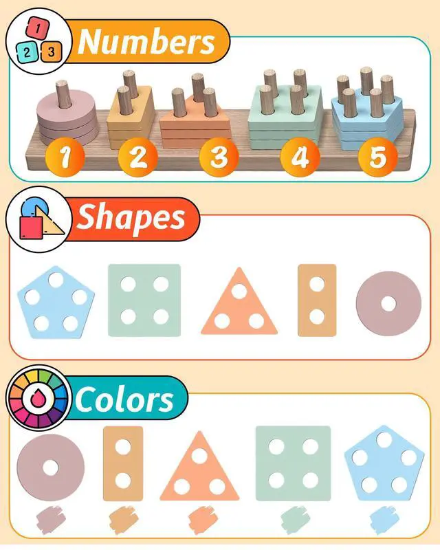 Alt view image 4 of 6 - Montessori Toys for 1 2 Year Old Girl and Boy Birthday Gifts, Shape Sorter Wooden Toys for Toddlers Age 1-3 2-4, Learning Educational Sensory Stacking Toy Toddler Puzzles
