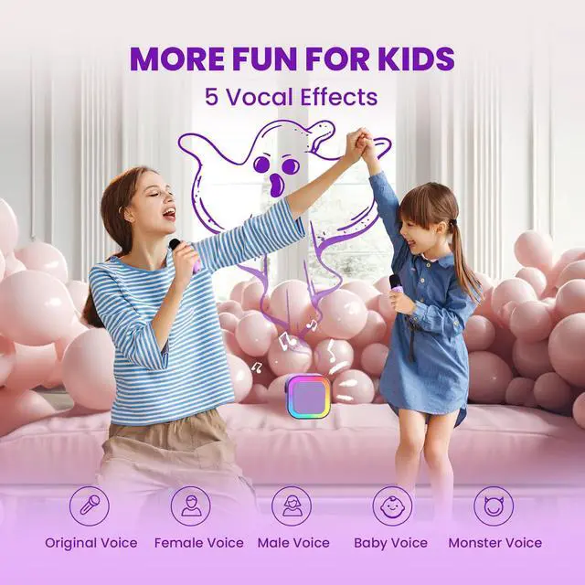 Alt view image 3 of 7 - Mini Karaoke Machine for Kids, 2026 TOP Toys Birthday Gifts Ideas for Girls Ages 4, 5, 6, 7, 8, 9, 10, 12+ Years Old, Portable MP3 Player with 2 Wireless Mics for Family Home Party