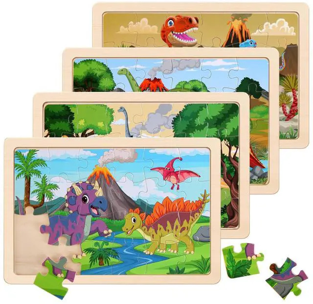 Main image of Wooden Puzzles Dinosaur Toys for Kids Ages 3-5, Set of 4 Packs with 20-Piece Wood Jigsaw Puzzles, Preschool Educational Brain Teaser Boards for Boys and Girls 3 4 5 6 Years Old