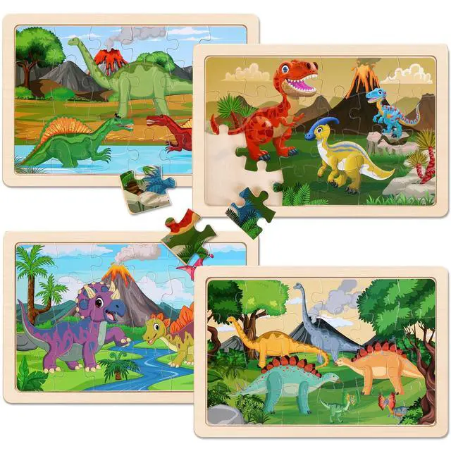 Alt view image 3 of 7 - Wooden Puzzles Dinosaur Toys for Kids Ages 3-5, Set of 4 Packs with 20-Piece Wood Jigsaw Puzzles, Preschool Educational Brain Teaser Boards for Boys and Girls 3 4 5 6 Years Old