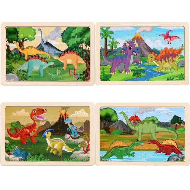 Alt view image 2 of 7 - Wooden Puzzles Dinosaur Toys for Kids Ages 3-5, Set of 4 Packs with 20-Piece Wood Jigsaw Puzzles, Preschool Educational Brain Teaser Boards for Boys and Girls 3 4 5 6 Years Old