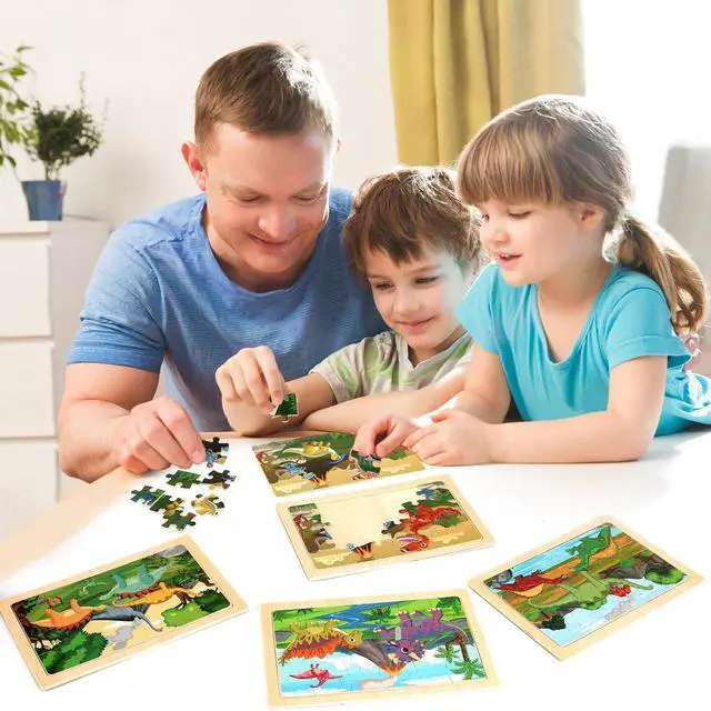 Alt view image 4 of 7 - Wooden Puzzles Dinosaur Toys for Kids Ages 3-5, Set of 4 Packs with 20-Piece Wood Jigsaw Puzzles, Preschool Educational Brain Teaser Boards for Boys and Girls 3 4 5 6 Years Old
