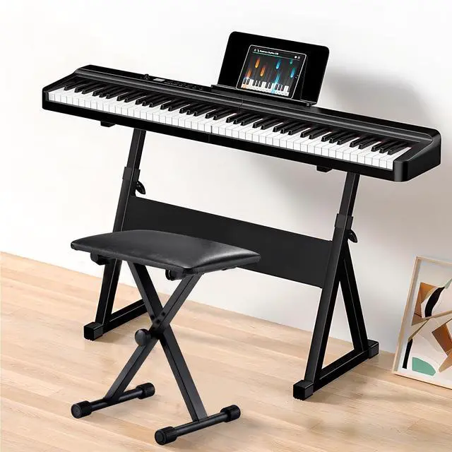 Alt view image 2 of 7 - Keyboard Bench X-Style Height Adjustable Padded Cushion Foldable Stool Portable Seat Keyboard Chair for Keyboards Piano Guitar (Black)
