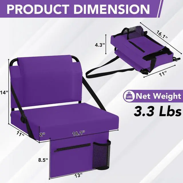Alt view image 2 of 4 - Stadium Seat for Bleachers with Back Support,Portable Bleacher Chairs with Back and CushionPurple