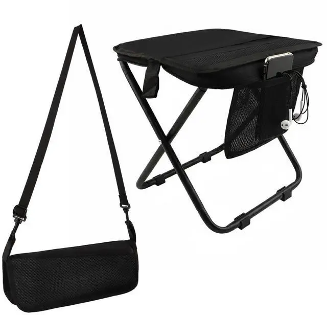Main image of 12" Portable Collapsible Stool - Folding Chair with Side Storage Pockets 2-in-1 Convertible Satchel for Hands-Free & Supports 265Lbs, Ultralight for Hiking, Fishing, Camping, Festivals (Black)