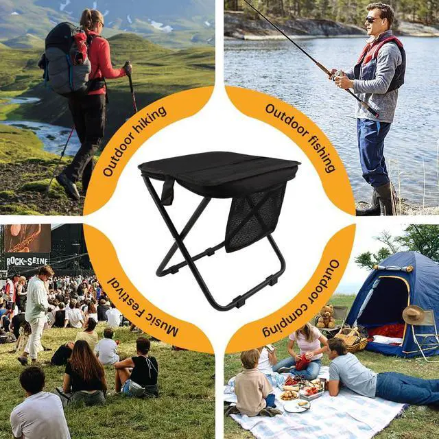 Alt view image 2 of 7 - 12" Portable Collapsible Stool - Folding Chair with Side Storage Pockets 2-in-1 Convertible Satchel for Hands-Free & Supports 265Lbs, Ultralight for Hiking, Fishing, Camping, Festivals (Black)