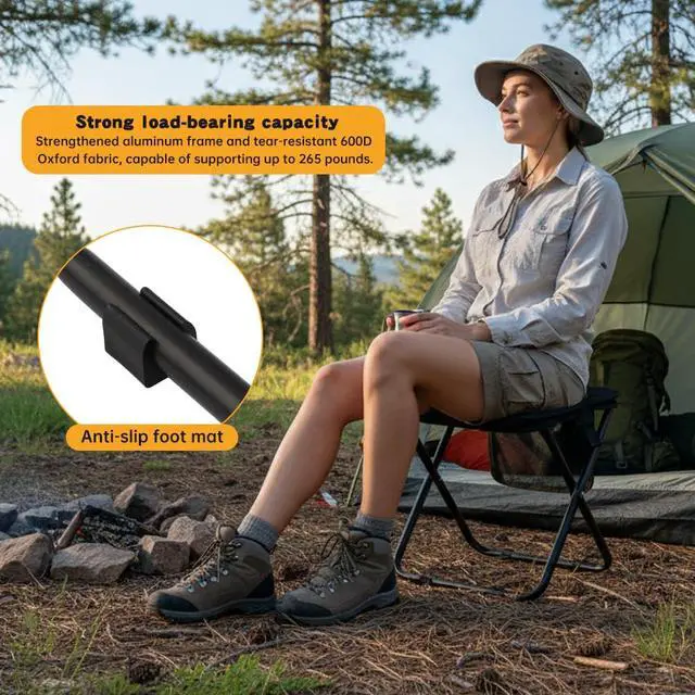 Alt view image 4 of 7 - 12" Portable Collapsible Stool - Folding Chair with Side Storage Pockets 2-in-1 Convertible Satchel for Hands-Free & Supports 265Lbs, Ultralight for Hiking, Fishing, Camping, Festivals (Black)