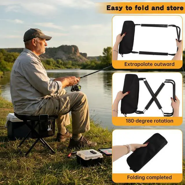 Alt view image 5 of 7 - 12" Portable Collapsible Stool - Folding Chair with Side Storage Pockets 2-in-1 Convertible Satchel for Hands-Free & Supports 265Lbs, Ultralight for Hiking, Fishing, Camping, Festivals (Black)