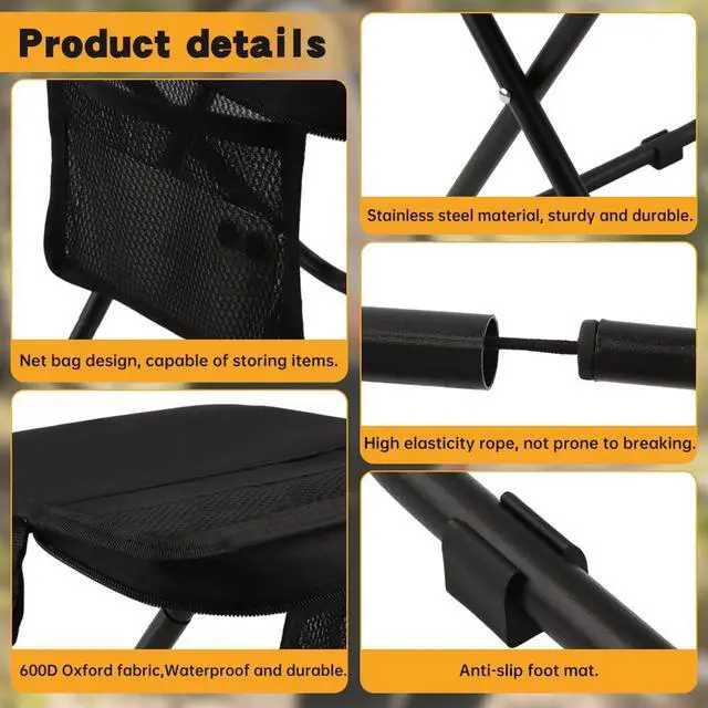 Alt view image 6 of 7 - 12" Portable Collapsible Stool - Folding Chair with Side Storage Pockets 2-in-1 Convertible Satchel for Hands-Free & Supports 265Lbs, Ultralight for Hiking, Fishing, Camping, Festivals (Black)