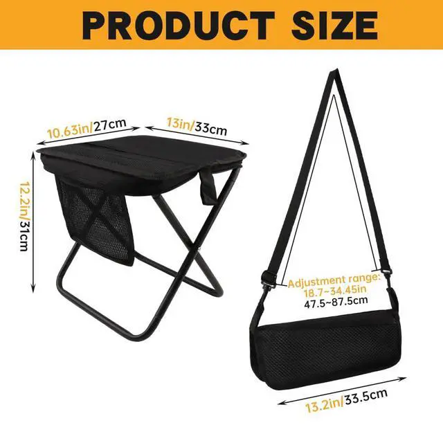 Alt view image 7 of 7 - 12" Portable Collapsible Stool - Folding Chair with Side Storage Pockets 2-in-1 Convertible Satchel for Hands-Free & Supports 265Lbs, Ultralight for Hiking, Fishing, Camping, Festivals (Black)