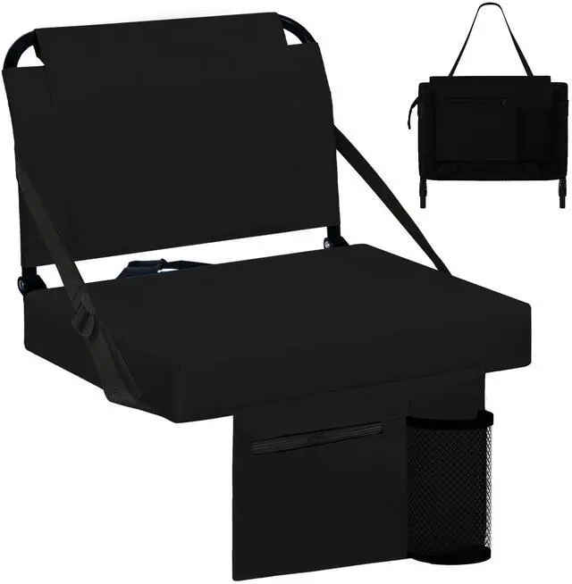 Main image of Stadium Seats for Bleachers with Back Support Bleacher Seat Soft Cushion Light Weight Includes Shoulder Strap & Cup Holder, Front & Back Zipper Pocket, Suitable for Sports Events,Black