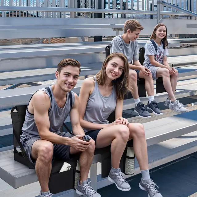 Alt view image 2 of 7 - Stadium Seats for Bleachers with Back Support Bleacher Seat Soft Cushion Light Weight Includes Shoulder Strap & Cup Holder, Front & Back Zipper Pocket, Suitable for Sports Events,Black