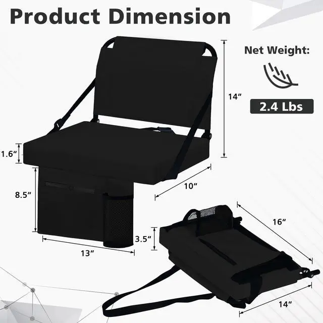 Alt view image 4 of 7 - Stadium Seats for Bleachers with Back Support Bleacher Seat Soft Cushion Light Weight Includes Shoulder Strap & Cup Holder, Front & Back Zipper Pocket, Suitable for Sports Events,Black