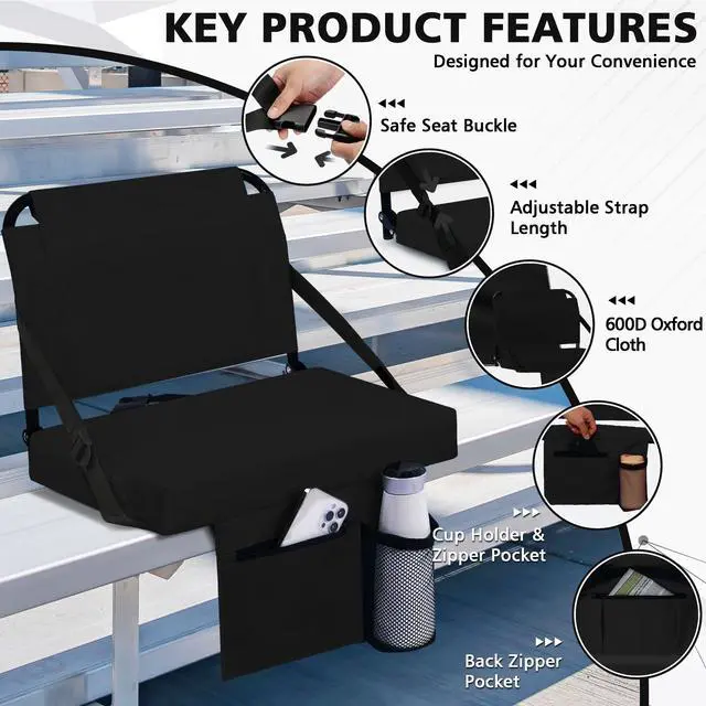 Alt view image 6 of 7 - Stadium Seats for Bleachers with Back Support Bleacher Seat Soft Cushion Light Weight Includes Shoulder Strap & Cup Holder, Front & Back Zipper Pocket, Suitable for Sports Events,Black