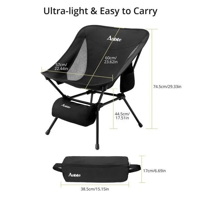 Alt view image 2 of 7 - Extra Height & Width Portable Camping Chair, 400LBS Capacity Compact Folding Chair with Square Frame Quick Setup Storage Bags on Both Sides, Ideal for Camping Hiking Beach Picnic Outdoor, Black