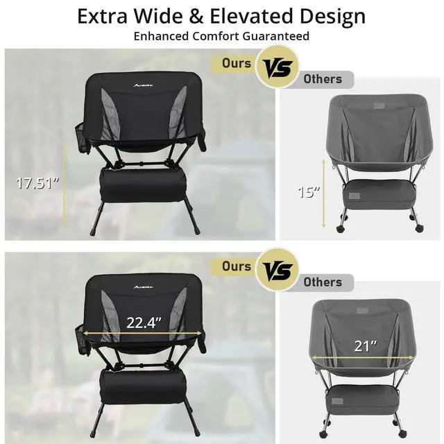 Alt view image 3 of 7 - Extra Height & Width Portable Camping Chair, 400LBS Capacity Compact Folding Chair with Square Frame Quick Setup Storage Bags on Both Sides, Ideal for Camping Hiking Beach Picnic Outdoor, Black