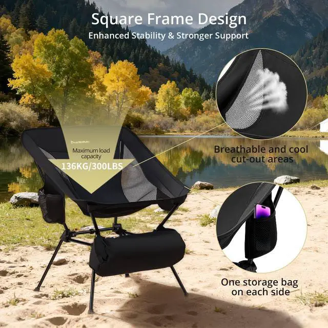 Alt view image 5 of 7 - Extra Height & Width Portable Camping Chair, 400LBS Capacity Compact Folding Chair with Square Frame Quick Setup Storage Bags on Both Sides, Ideal for Camping Hiking Beach Picnic Outdoor, Black