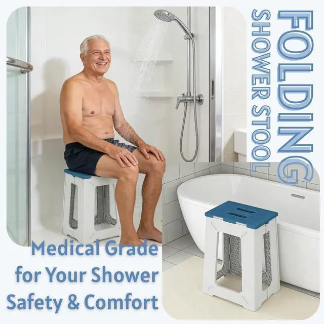 Alt view image 3 of 6 - Folding Shower Chair for Inside Shower - 18" Heighten Non-Slip Foldable Shower Seat with Handle - 330lbs Safety Waterproof Folding Shower Stool - Fold Up Bath Bench for Elderly, Handicap & Disabled