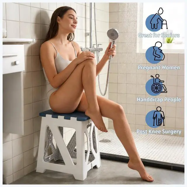 Alt view image 6 of 6 - Folding Shower Chair for Inside Shower - 18" Heighten Non-Slip Foldable Shower Seat with Handle - 330lbs Safety Waterproof Folding Shower Stool - Fold Up Bath Bench for Elderly, Handicap & Disabled