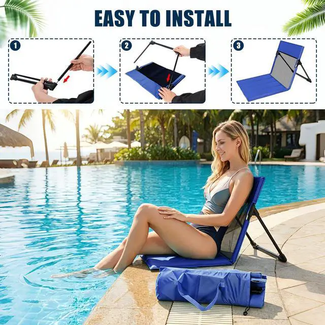 Alt view image 6 of 7 - Foldable Poolside Chairs, 2 Pack Lightweight Portable Beach Chairs with Back Support for Adults, Compact Folding Pool Edge Chair for Outdoor Camping Picnic Beach, Dark Blue