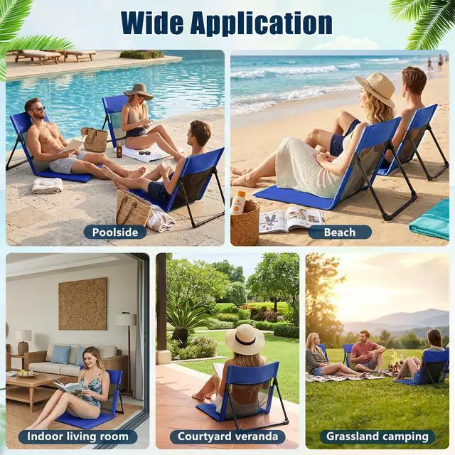 Alt view image 7 of 7 - Foldable Poolside Chairs, 2 Pack Lightweight Portable Beach Chairs with Back Support for Adults, Compact Folding Pool Edge Chair for Outdoor Camping Picnic Beach, Dark Blue