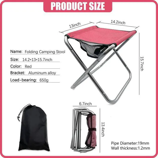 Alt view image 2 of 5 - Folding Camping Stool, 16 Inch Tall Portable Folding Stool Aluminum Alloy Lightweight Stool Seat Red Foldable Stool with Carry Bag for Fishing Outdoor Camping Hiking and BBQ